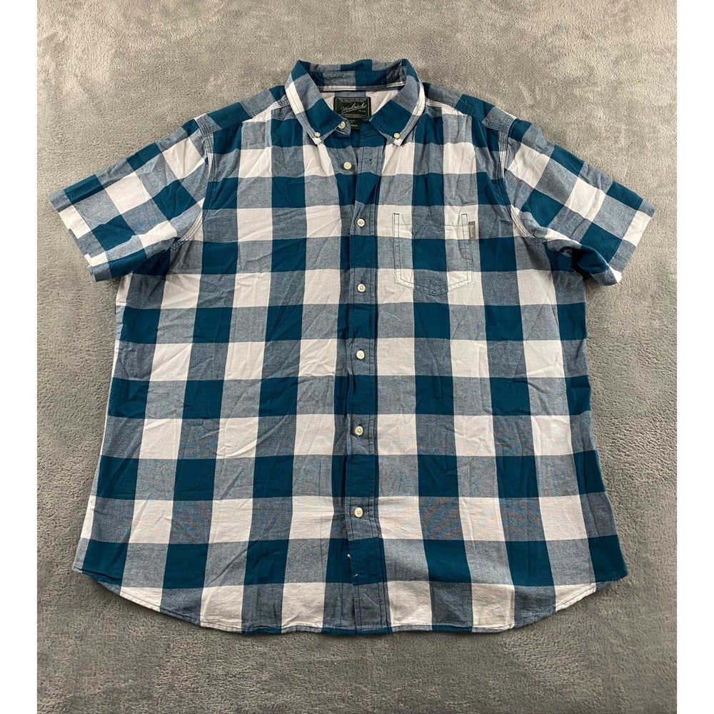 Woolrich Mens XL Short Sleeve Button Down Shirt Blue White Buffalo Check Plaid